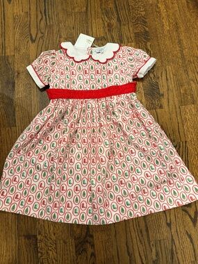 Girls Red & Green Holiday Boot & Christmas Tree Prin Dress with Scalloped Collar